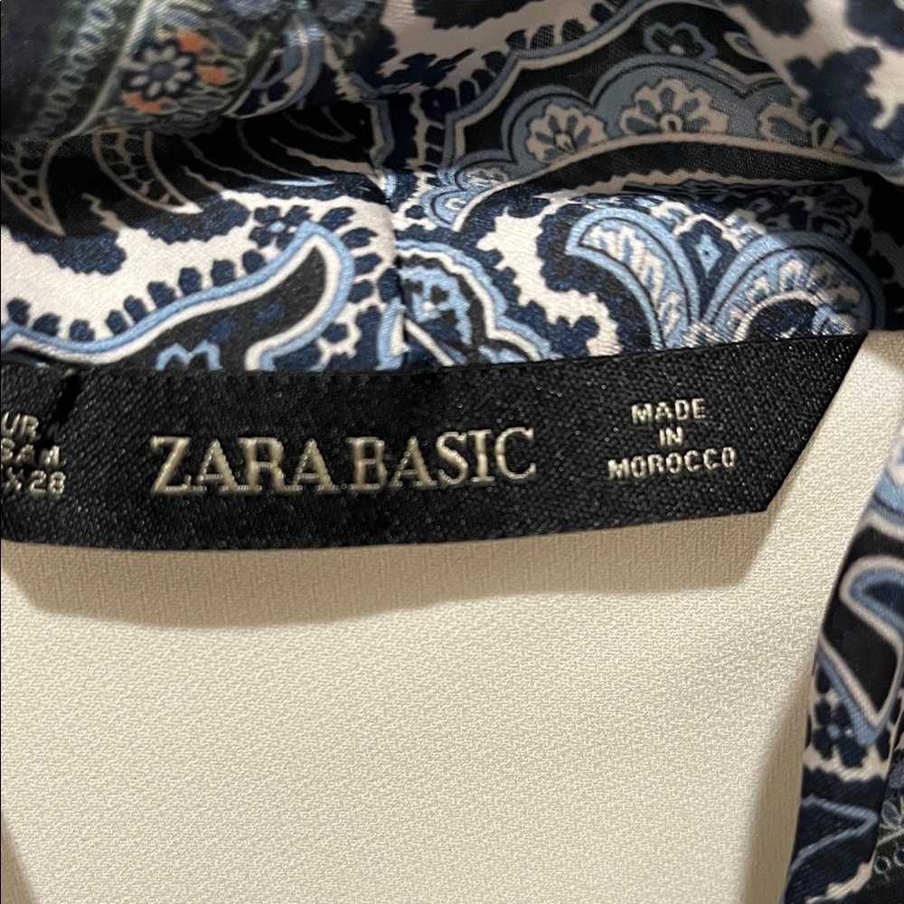 Zara Basic Cream Top With Blue Patterned Scarf - image 2